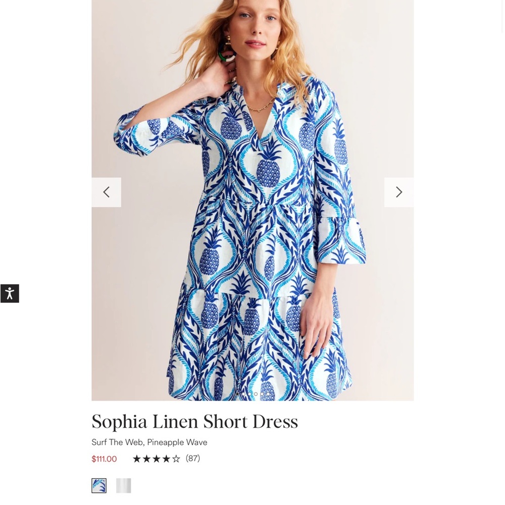 Boden Sophia 100% linen Mini Dress in Surf the Web Pineapple Wave NWT
